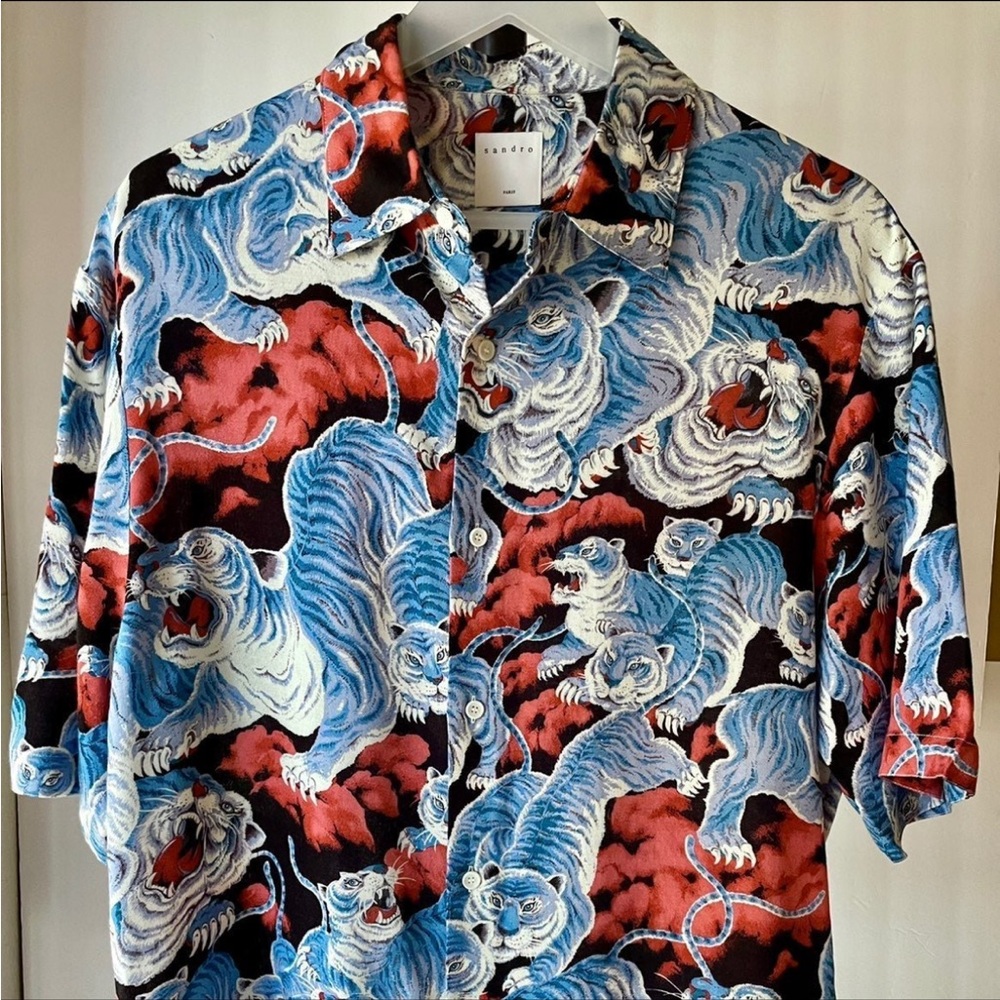 Sandro Men’s Tiger Print Shirt Blue M